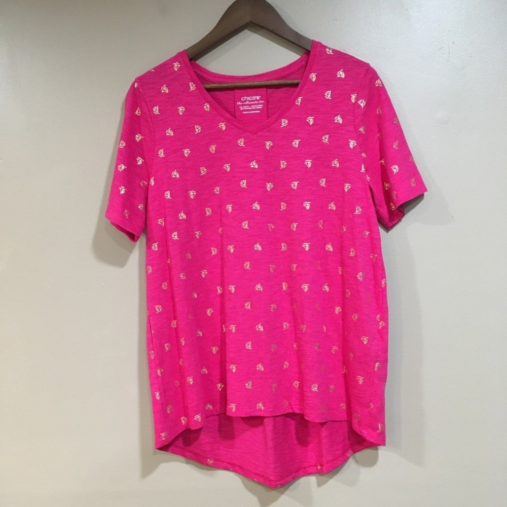Chico's Sailboat V-Neck T-Shirt Womens M Pink Gold Nautical Metallic Vacation